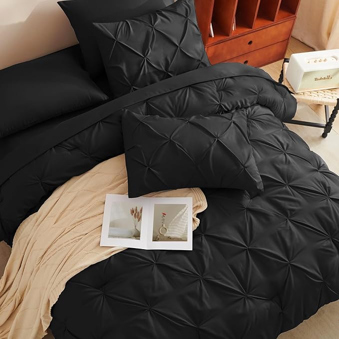 HIMEET Pintuck Bed in a Bag, 7 Pieces Oversized King Comforter Set Black - Image 4