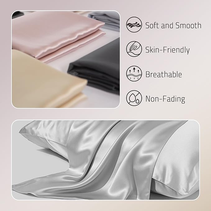 Gabire Mulberry Silk Pillowcases Set of 2, Both Sides Real Silk Pillowcase - Image 2
