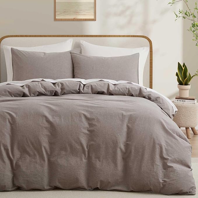 100% Cotton Duvet Cover Full Size, Mauve Brown Linen-Like Natural Bedding Set by LOVQUE