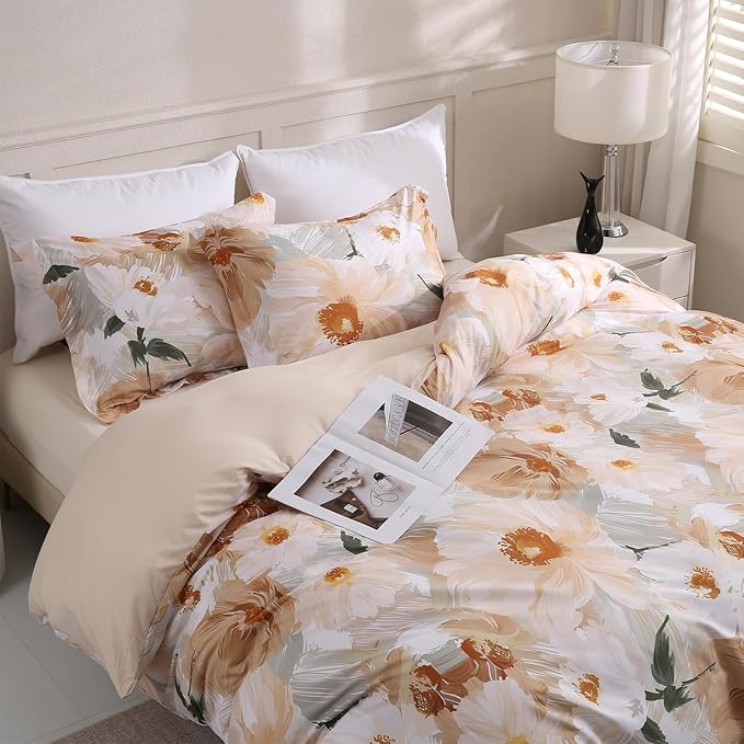 LONAVA King Flower 3 Pcs Duvet Cover Set, Breathable Soft Microfiber Biege by LONAVA
