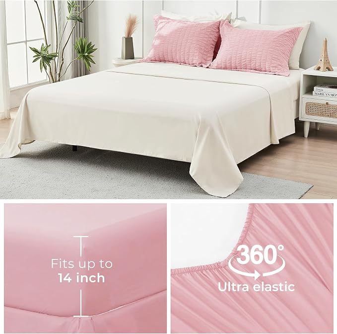 HYMOKEGE Pink/Ivory Full Size Comforter Sets Seersucker 7 Pieces, All Season - Image 7