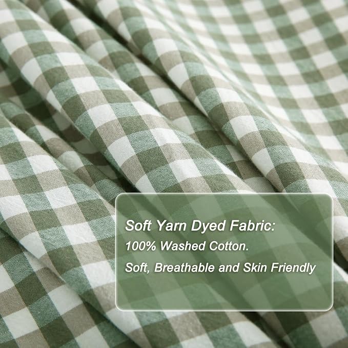 Silnuo Sage Green/White Plaid Ruffle Duvet Cover Queen Size, 100% Washed Cotton - Image 6