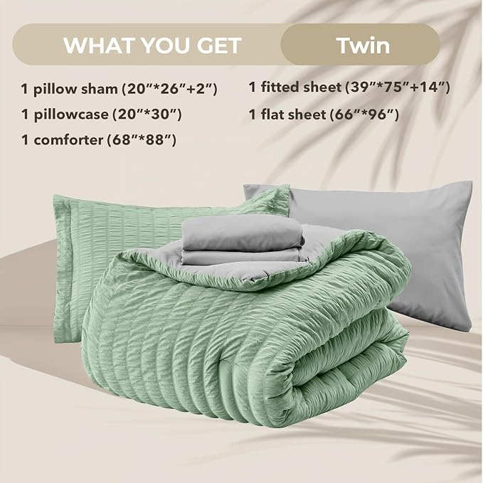 HYMOKEGE Sage Green/Light Grey Twin Comforter Set Seersucker 5 Pieces, All - Image 6