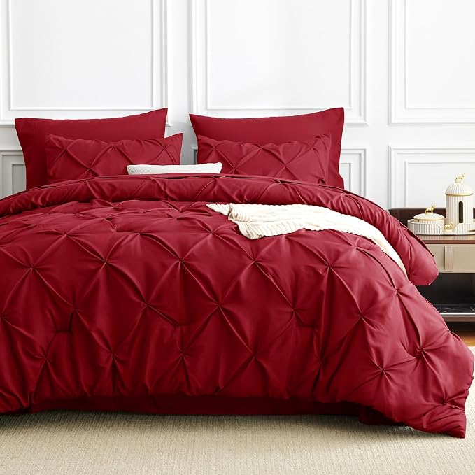 HIMEET Pintuck Bed in a Bag, 7 Pieces King Size Comforter Set Dark Red - Image 9