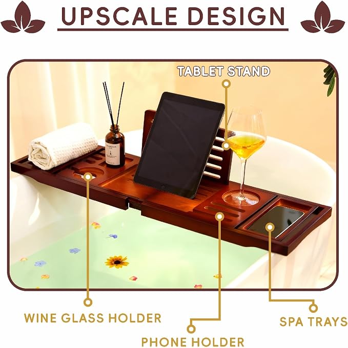 Premium Foldable Bamboo Bathtub Tray Caddy, Expandable Bath Caddy Tray - Image 3