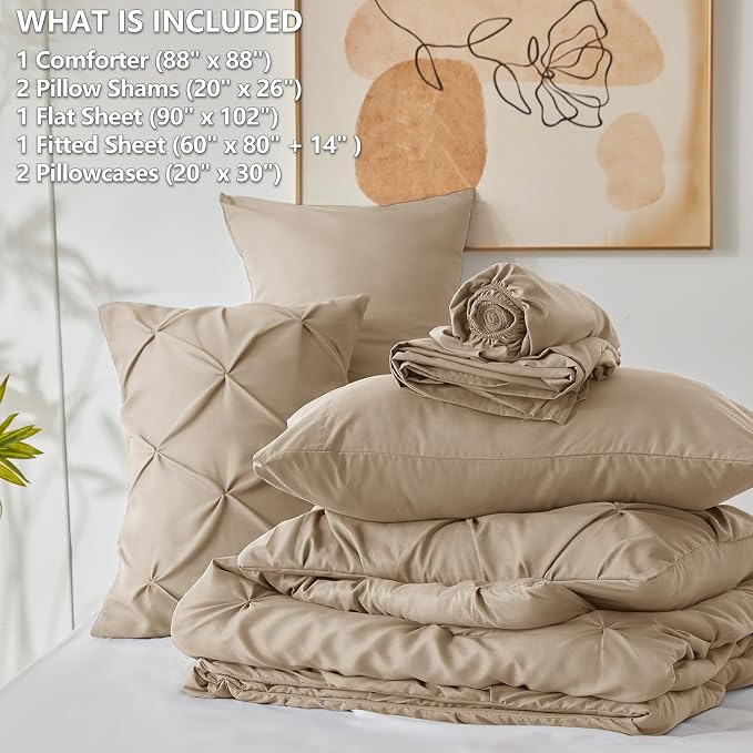 CozyLux Queen Comforter Set Taupe, 7 Pieces Pintuck Bed in A Bag, Premium Taupe - Image 6