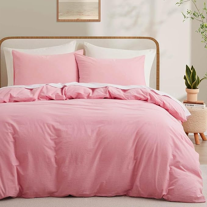 LOVQUE Pink Duvet Cover Full Size, 100% Washed Cotton Linen Like Bedding Set by LOVQUE