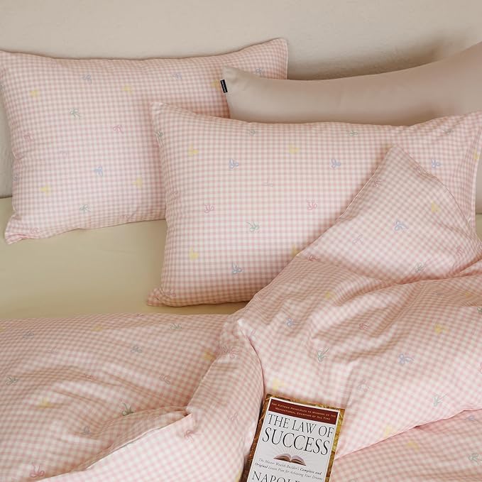 mixinni Gingham Duvet Cover Twin Size, 100% Cotton Light Pink and White Gingham - Image 8