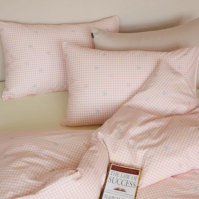 mixinni Gingham Duvet Cover Queen Size, 100% Cotton Light Pink and White - Image 8