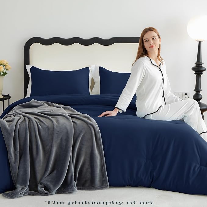 CozyLux Queen Comforter Set Navy Blue, 3 Pieces Solid Comforters Queen Size - Image 9