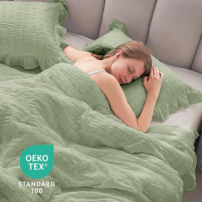 JOLLYVOGUE Sage Green Queen Comforter Set, 3 Pieces Seersucker Comforters Queen - Image 6