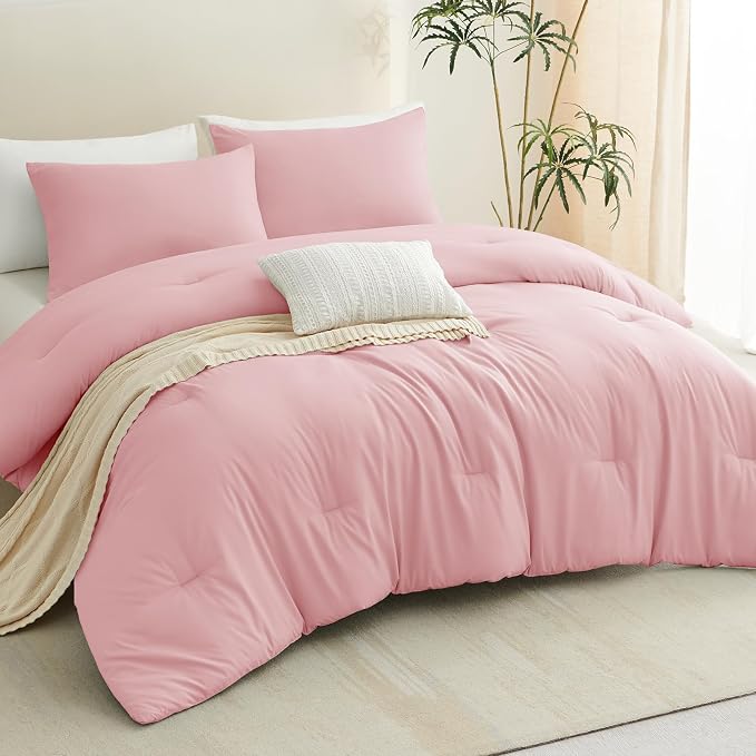 CozyLux King Size Comforter Set Pink, 3 Pieces Solid Comforters King Size - Image 9