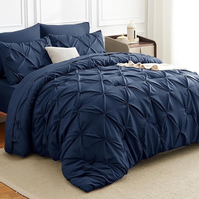 CozyLux Full Size Comforter Sets Navy Blue, 7 Pieces Pintuck Bed in A Bag Blue - Image 4