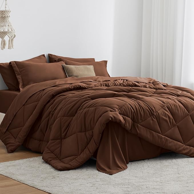 Love's cabin Queen Comforter Set Brown, 7 Pieces Queen Bed in a Bag, All Season by Lovescabin