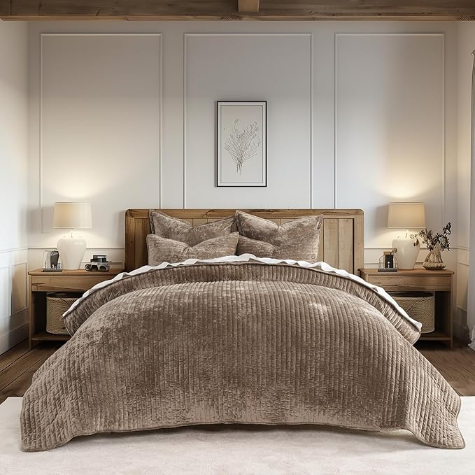 EVERGRACE Velvet Quilt Set Queen Size, Luxurious Soft Striped Channel Bedding by EverGrace