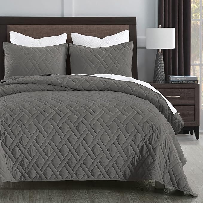 HORIMOTE HOME Quilt Set Twin Size Grey, Classic Geometric Diamond Stitched by HORIMOTEHOME