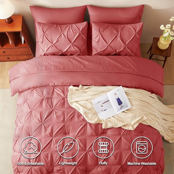 CozyLux Queen Comforter Set Coral, 7 Pieces Pintuck Bed in A Bag, Premium Coral - Image 2
