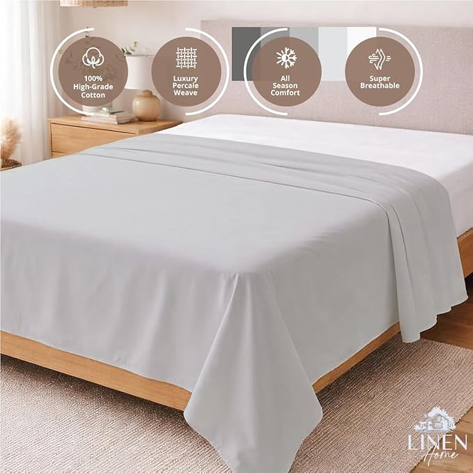 Linen Home 100% Cotton Percale 1 Flat Sheet, Queen Size - Image 3