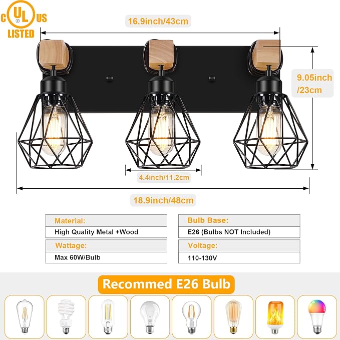 FadimiKoo 3-Light Farmhouse Bathroom Vanity Light Fixtures, Wood Bathroom - Image 2