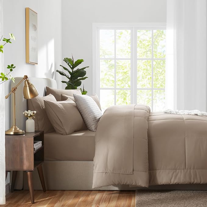 CozyLux King Size Comforter Set Khaki, 7 Pieces Bed in a Bag, Khaki Comforter - Image 9