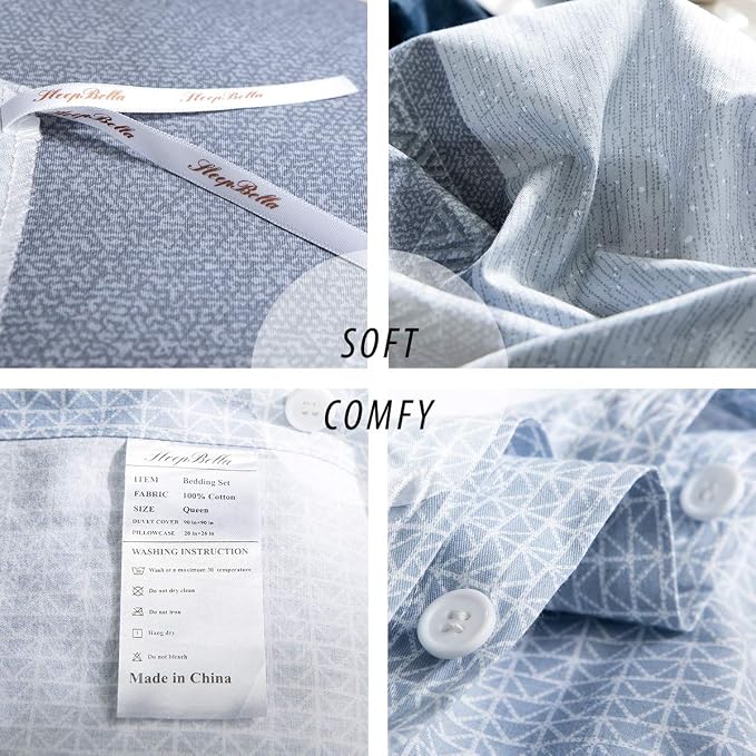 Duvet Cover Set, 600 Thread Count Cotton White and Navy Striped Patchwork - Image 7
