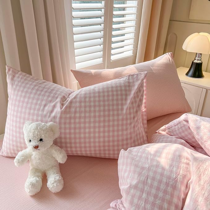 mixinni Light Pink Gingham Duvet Cover Set Queen Size - Image 4