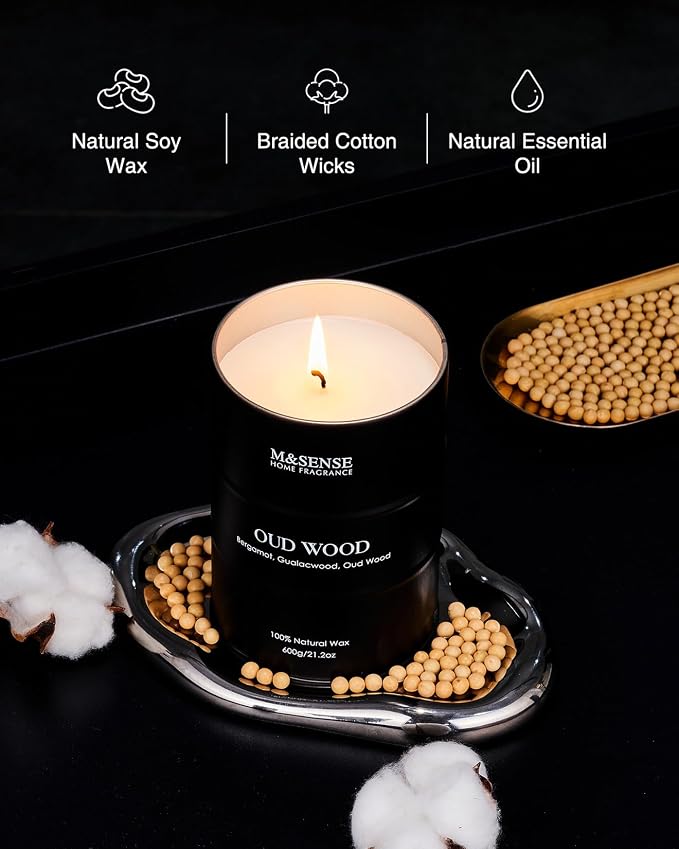 M&SENSE Oud Wood Large Scented Candles Natural Soy Wax, 21.2oz Long Lasting Up - Image 3