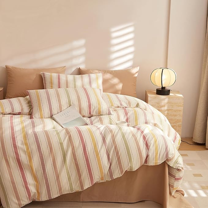 mixinni Vintage Striped Duvet Cover Set Full, 3-Piece Washed Cotton Bedding Set - Image 6