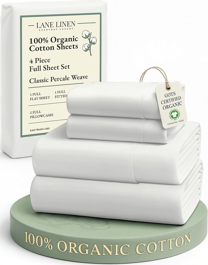 LANE LINEN 100% Organic Cotton Full Sheets Set 4-Piece Pure Percale Long Staple by LaneLinen