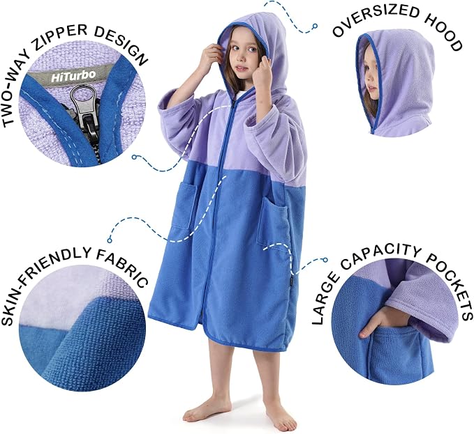 Hiturbo Kids Bath Towel Hoodie: Zipper Surf Poncho Long Sleeve Quick Dry - Image 4