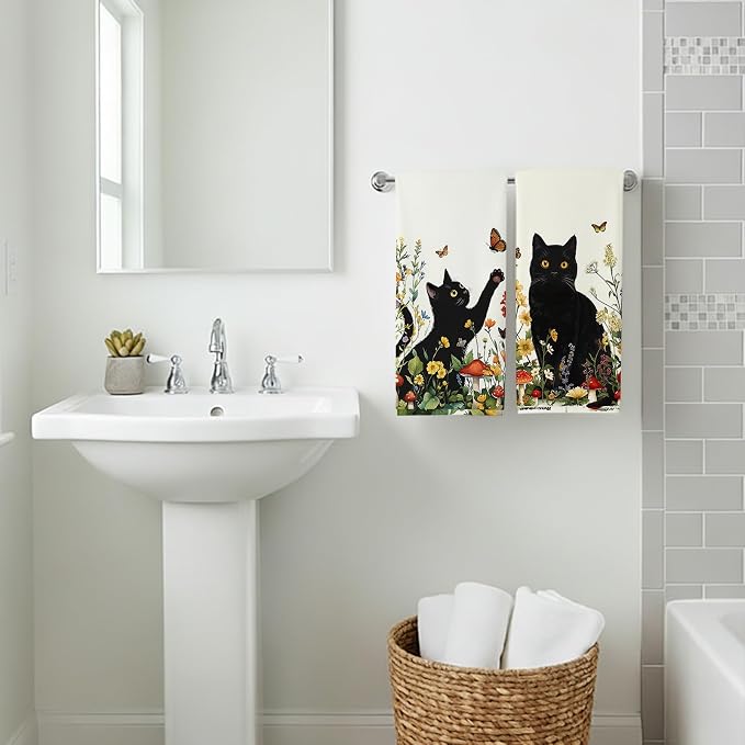 Accnicc 2 Pack Black Cat Bathroom Hand Towels Decorative Spring Floral Dish - Image 4