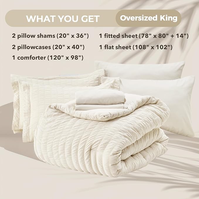 HYMOKEGE Ivory Oversized King Comforter Set Seersucker 7 Pieces, All Season - Image 5