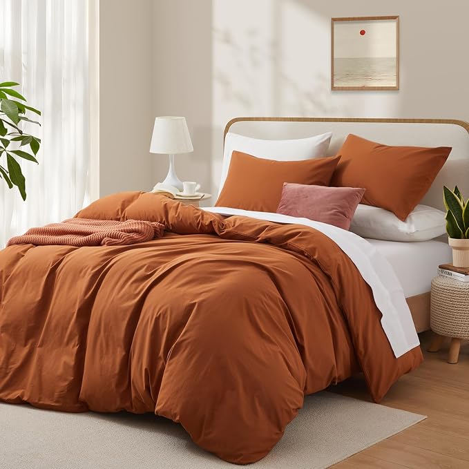 Burnt Orange Duvet Cover Full Size, 100% Washed Cotton Linen Like Bedding Set - Image 2