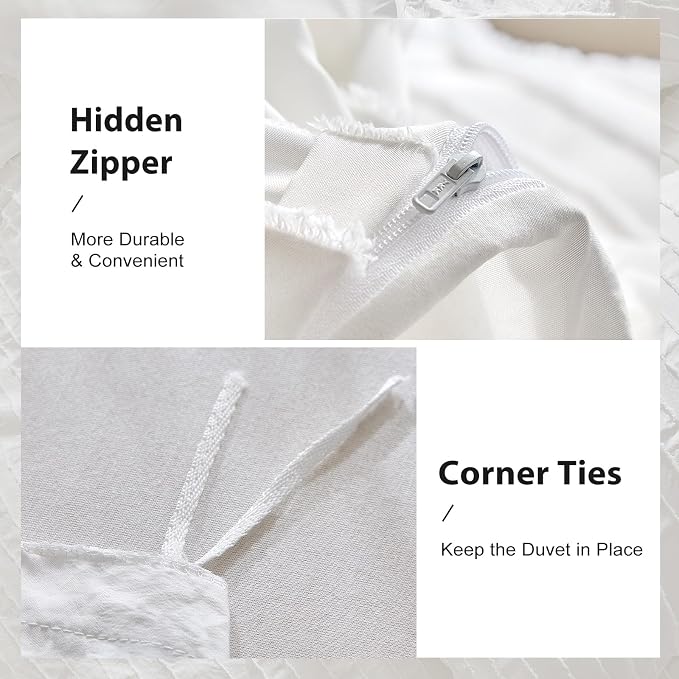 WARMDERN White Boho Duvet Cover Set Queen Size, Striped Textured Tufted Bedding - Image 5