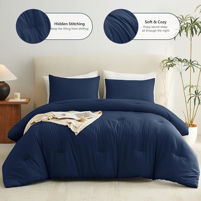 CozyLux Oversized King Comforter Set Navy Blue, 3 Pieces 120x98 Solid - Image 2