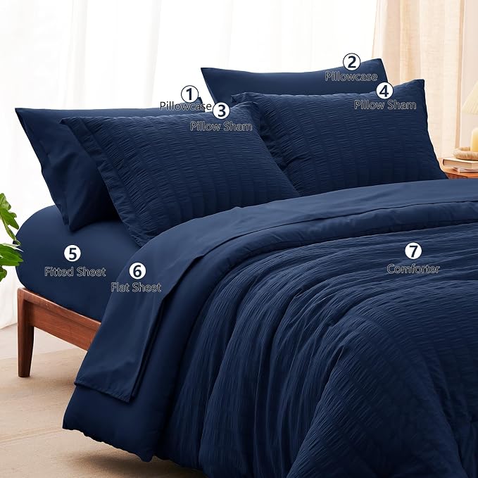 CozyLux King Size Comforter Set Navy Blue Seersucker 7 Pieces Bed in a Bag King - Image 8
