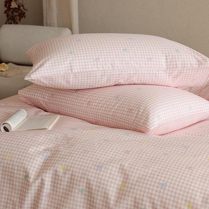 mixinni Gingham Duvet Cover King Size, 100% Cotton Light Pink and White Gingham - Image 4