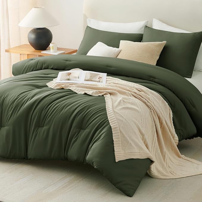 CozyLux King Size Comforter Set Olive Green, 3 Pieces Solid Comforters King - Image 7