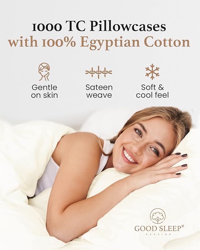 1000 TC Ivory Standard Pillowcases Set of 2 100% Egyptian Cotton Pillow Cases - Image 3