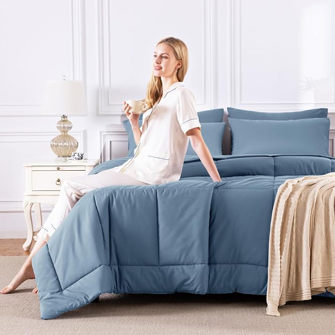 CozyLux Oversized Queen Comforter Sets Dusty Blue, 7 Pieces Bed in a Bag - Image 7