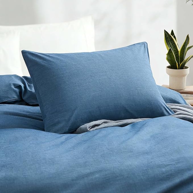 LOVQUE 100% Washed Cotton Duvet Cover Twin Size, Denim Blue Fade-Resistant - Image 3