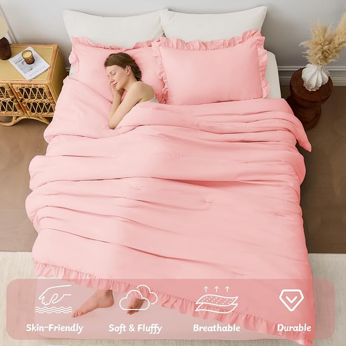 FUANNA Full Size Comforter Sets Pink, 3 Pieces Ruffle Full Size Bedding Sets - Image 4