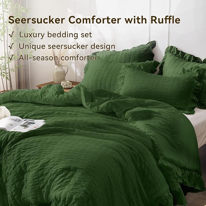JOLLYVOGUE Dark Green Twin Size Comforter Set, 2 Pieces Seersucker Lightweight - Image 4