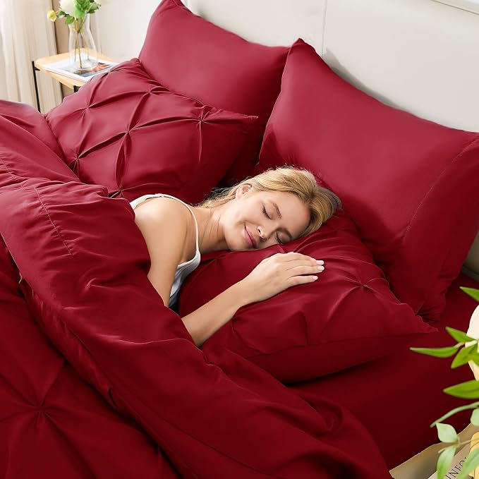 HIMEET Pintuck Bed in a Bag, 7 Pieces Queen Size Comforter Set Dark Red - Image 7