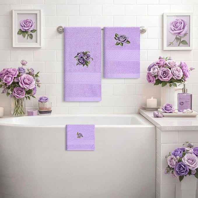 3 Pcs Rustic Purple Roses Bathroom Towel Set Farmhouse Embroidered Purple Roses - Image 4