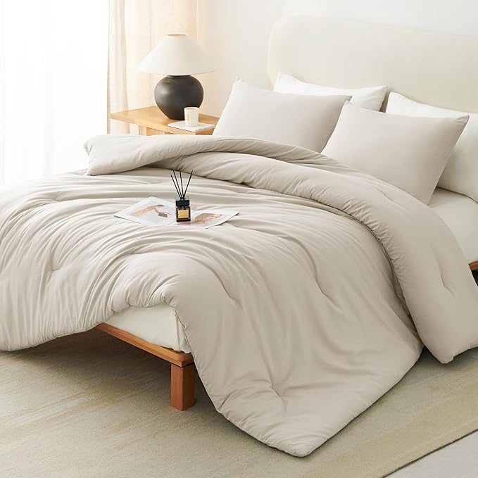 CozyLux Oversized King Comforter Set Beige, 3 Pieces 120x98 Solid Breathable by CozyLux