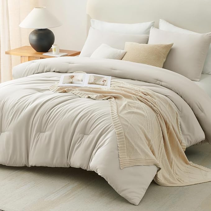CozyLux Beige King Size Comforter Set, 3 Pieces Solid Breathable Quilted Style - Image 9