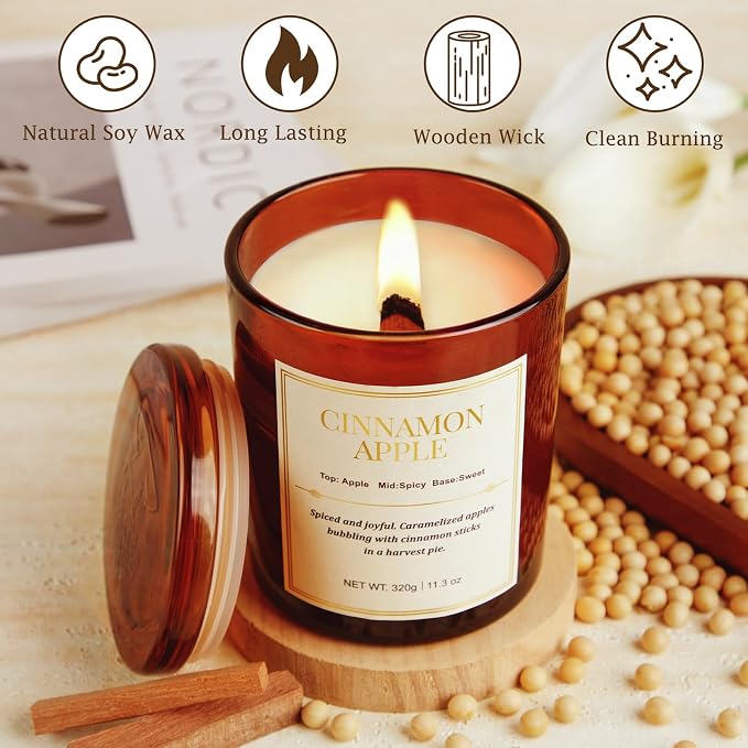 Scented Candles for Home, 2 Pack Wood Wick Cinnamon Apple Scented Candles - Image 3