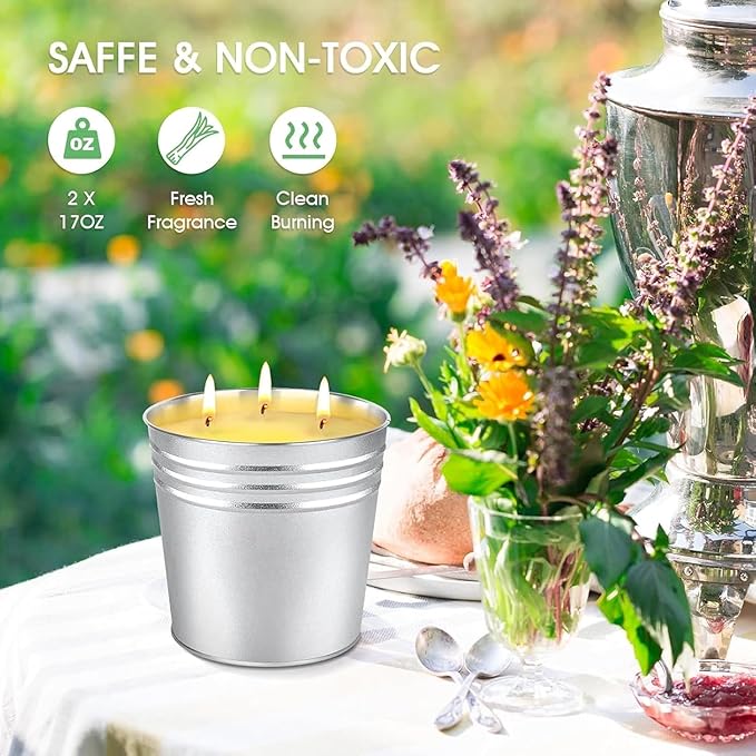 Set of 2 Citronella Outdoor Candle - 17 oz Large 3-Wick Soy Wax Candle - Image 3