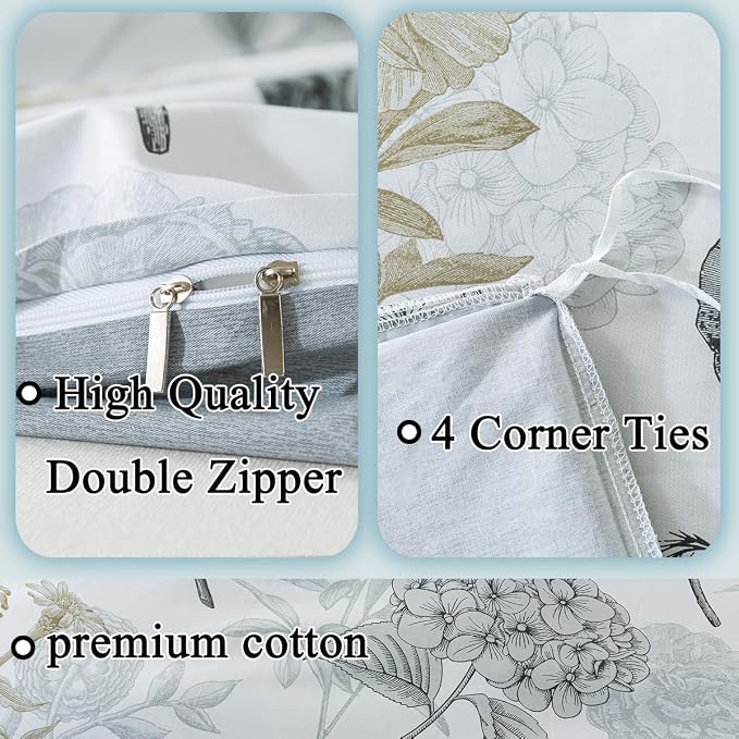 FADFAY Floral Duvet Cover Sets King/Cal King 100% Cotton Ink Grey Vintage - Image 3